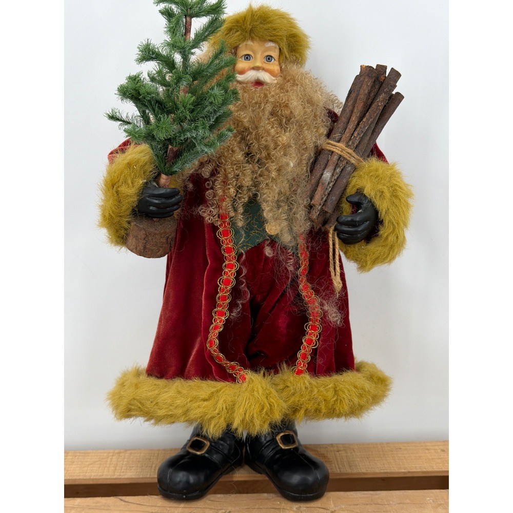 Vintage Style‎ Santa Claus Figurine Red Velvet Green Fur 18 Inch Christmas Decor